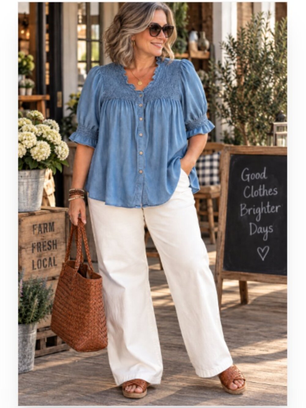 TERRA & SKY SIZE 1X CHAMBRAY/LYOCELL BLOUSE